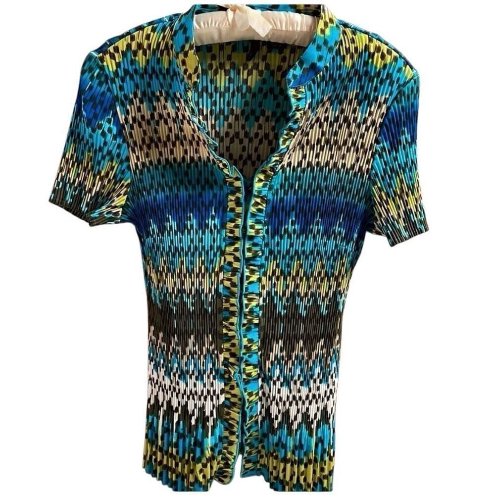 Nue Options Womens Petite Pleated Stretch Blouse Size Petite M Teal Multicolor
